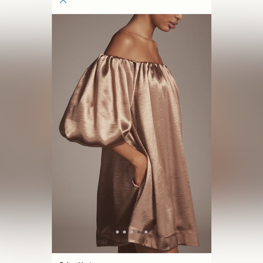 NWT @heynasreen x Mare Mare Off-The-Shoulder Puff sleeve shine mini dress - Picture 4 of 7